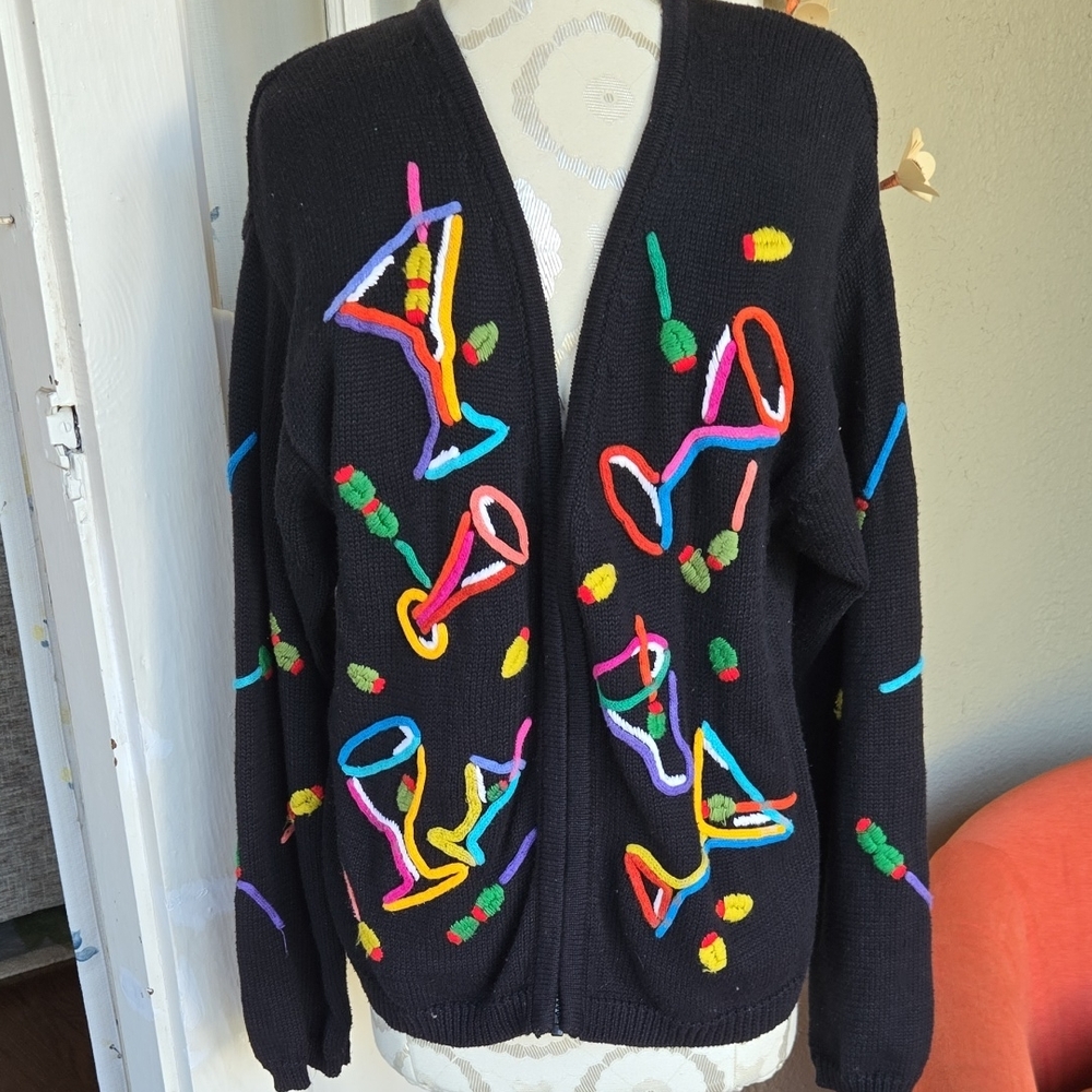 Vintage Black Sweater with Colorful Cocktail Design